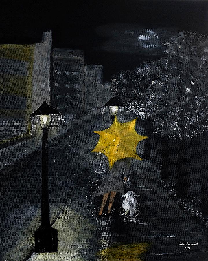 Lady with Yellow Umbrella and White Dog Painting by Dick Bourgault