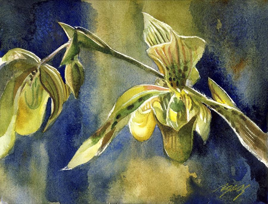 Ladyslipper Orchid With Blue Painting by Alfred Ng