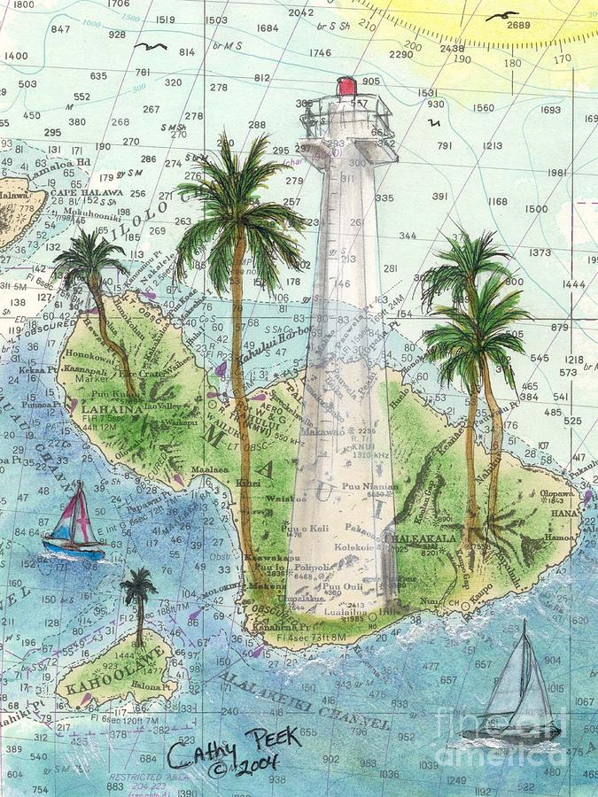 Tree Painting - Lahaina Lighthouse Maui HI Nautical Chart Map Art Cathy Peek by Cathy Peek