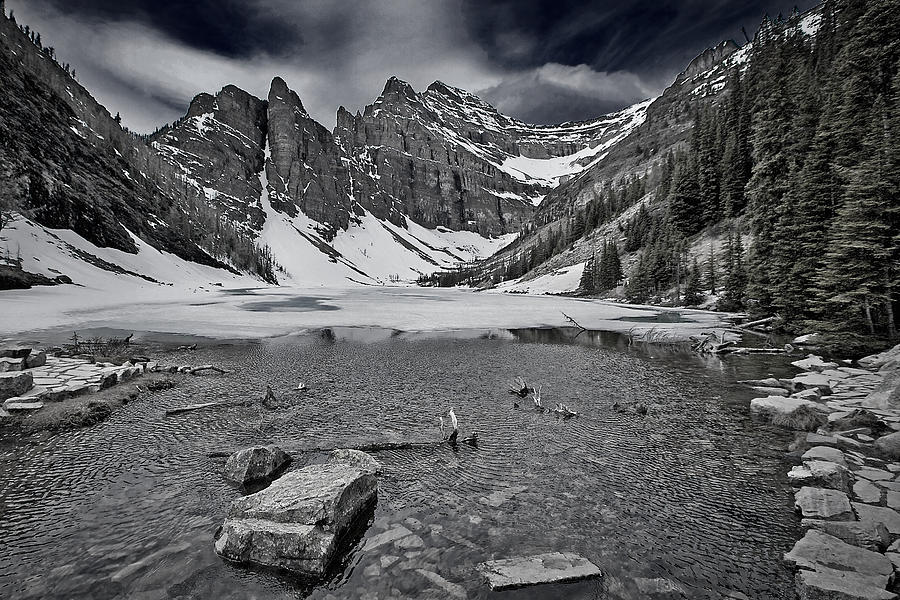 Lake Agnes - Black and White Photograph by Stuart Litoff