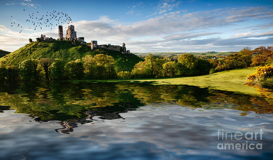 Lake and hill with ruin landscape Photograph by Simon Bratt
