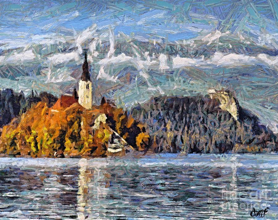 Rural Scene Painting - Lake Bled and mountains by Dragica  Micki Fortuna