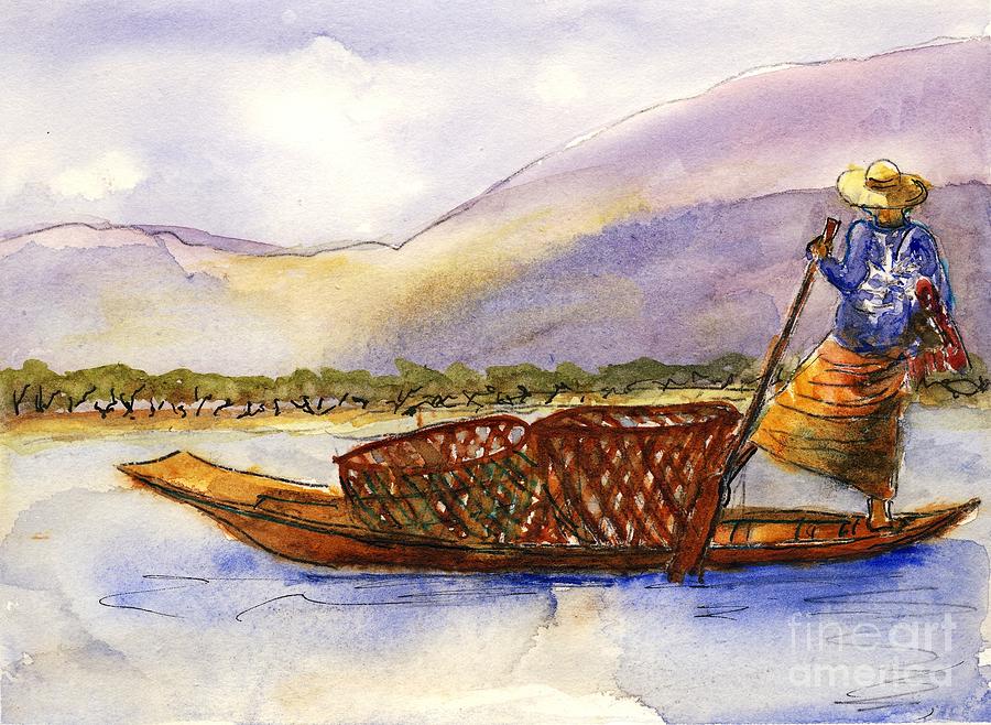 Lake Burma Fisherwoman Painting by Randy Sprout