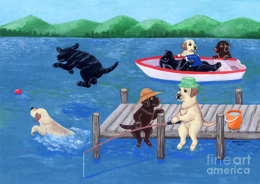 Lake Fun Labradors Painting by Naomi Ochiai