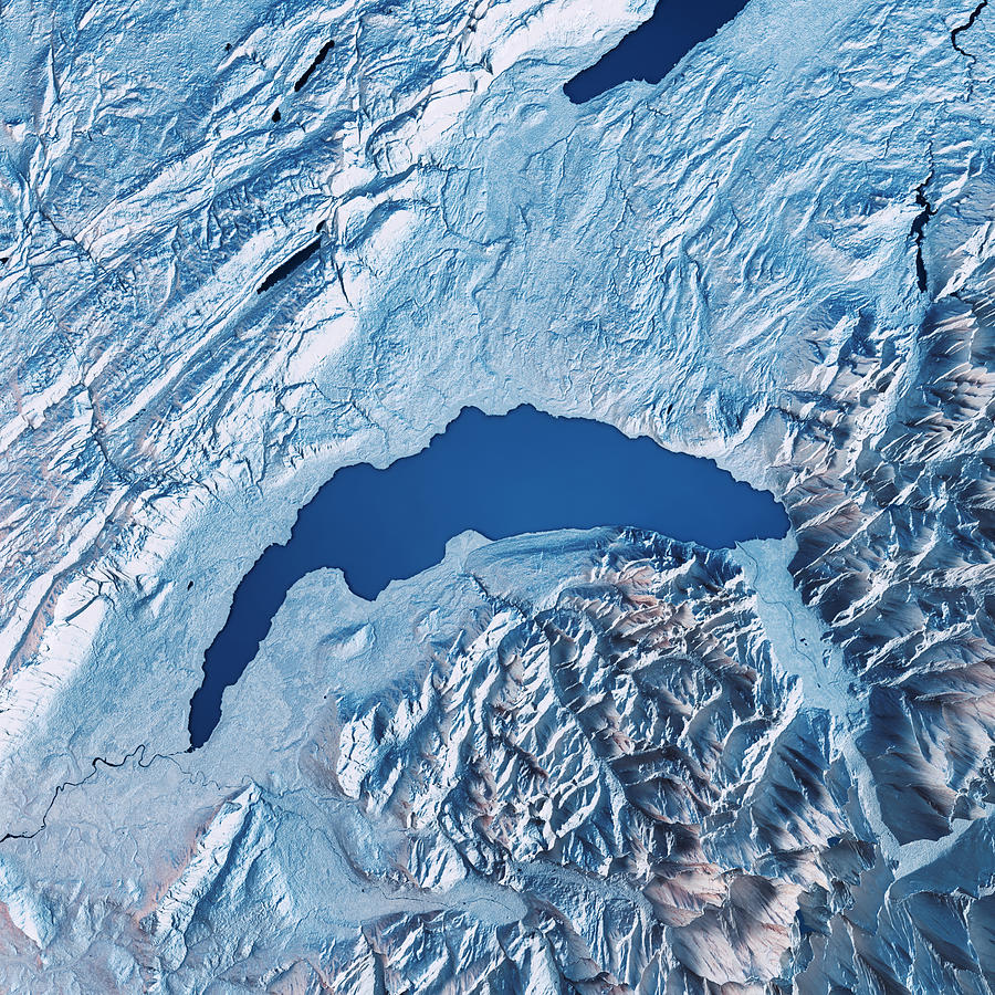Lake Geneva 3D Render Satellite View Topographic Map Blue Photograph by FrankRamspott
