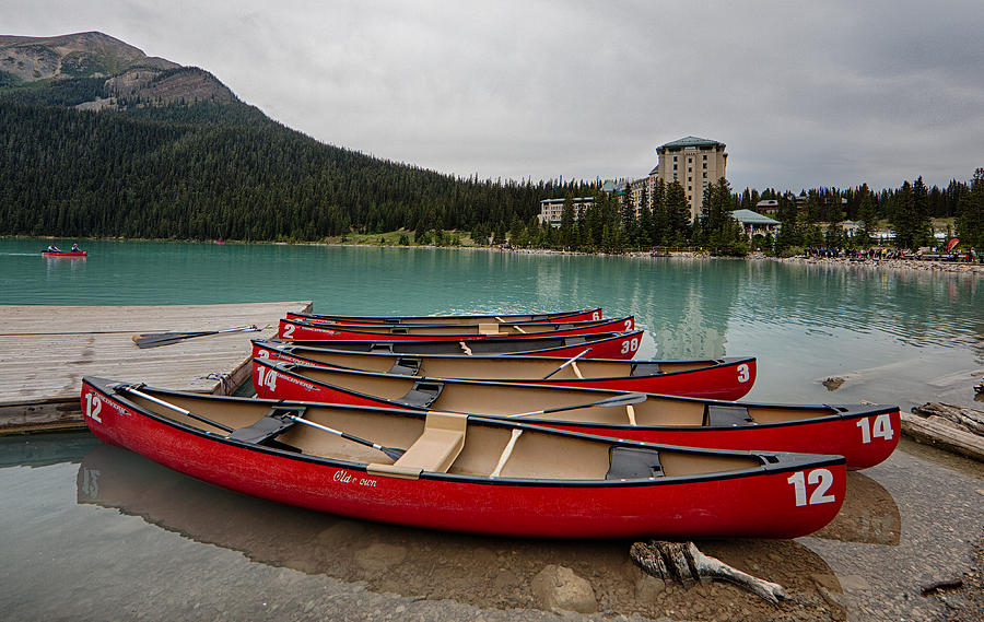 Lake Louise Canoes Banff National Park Photograph by Jack Nevitt
