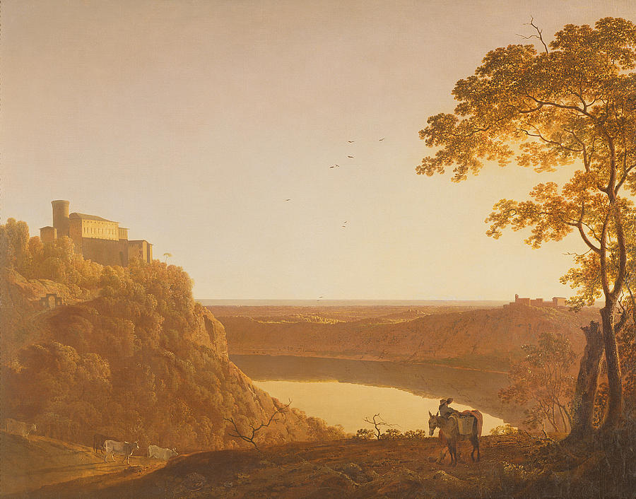 Sunset Photograph - Lake Nemi At Sunset, C.1790 Oil On Canvas by Joseph Wright of Derby