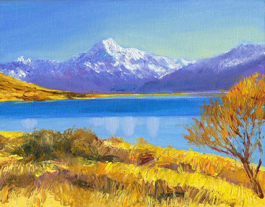 Mountain Painting - Lake Pukaki and Mount Cook in New Zealand by Dai Wynn