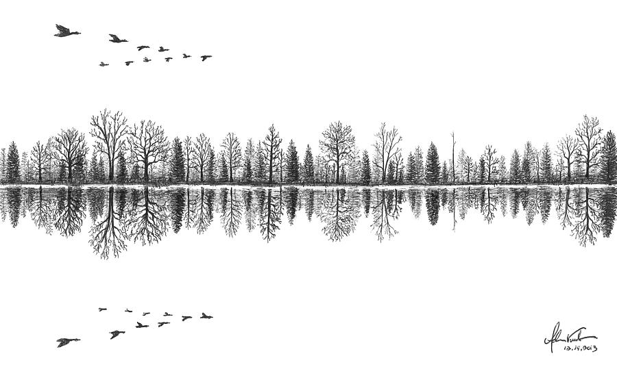 Geese Drawing - Lake Reflection by Adam Vereecke