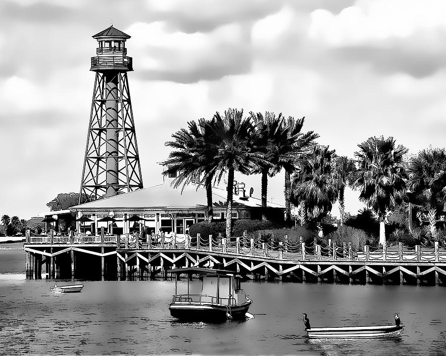 Lake Sumter Landing Lighthouse in Black and White Photograph by Betty Eich