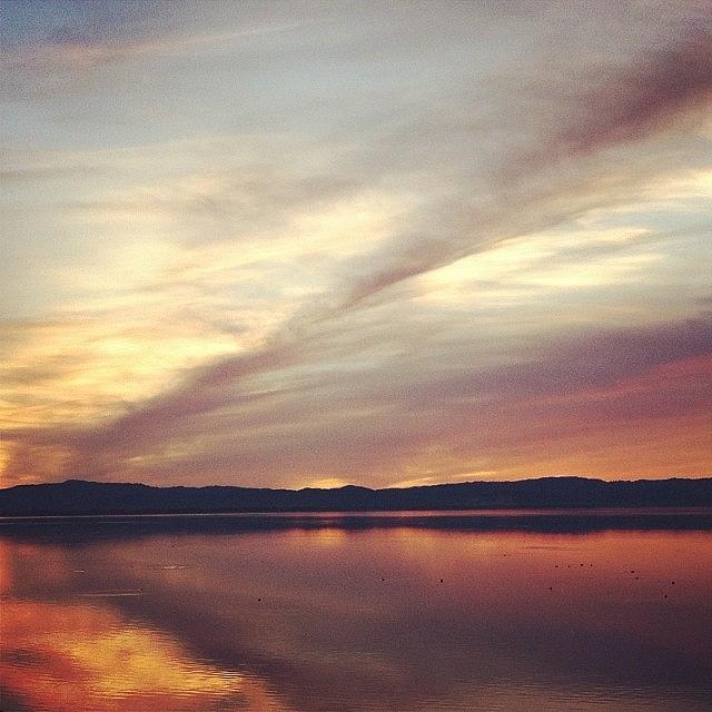 Nature Photograph - #lake #sunset #clouds #reflection by Karen Clarke