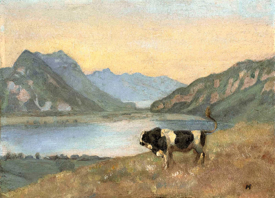 Lake Thun and Brienz with Freiburg Simmental Bull Painting by Ferdinand Hodler