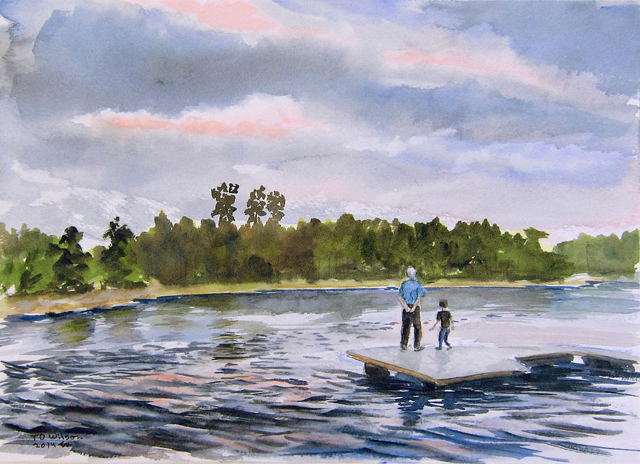 SOLD - Lake Woodlands sunset with Grandson Painting by TD Wilson