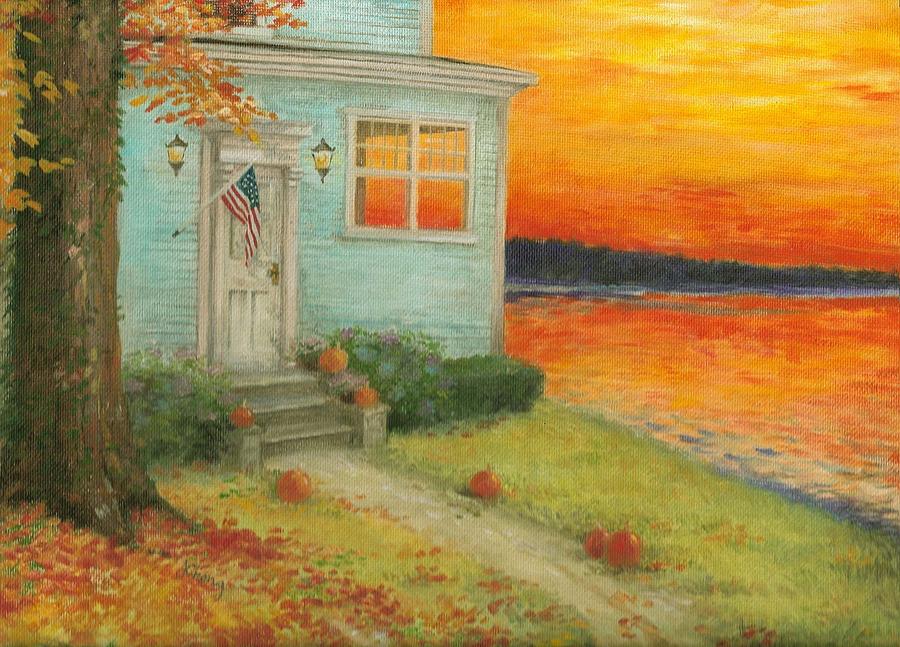 Lakehouse fall nocturne Painting by Judith Cheng
