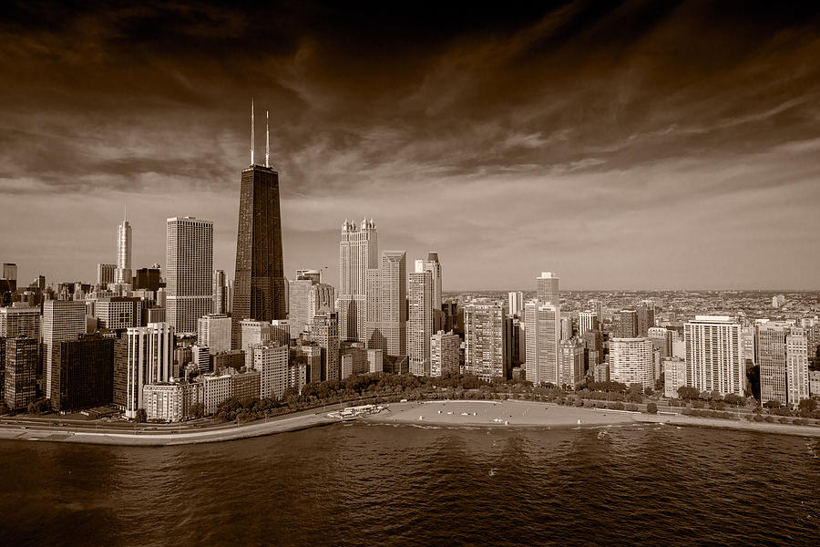 Chicago Photograph - Lakeshore Chicago Aloft BW by Steve Gadomski