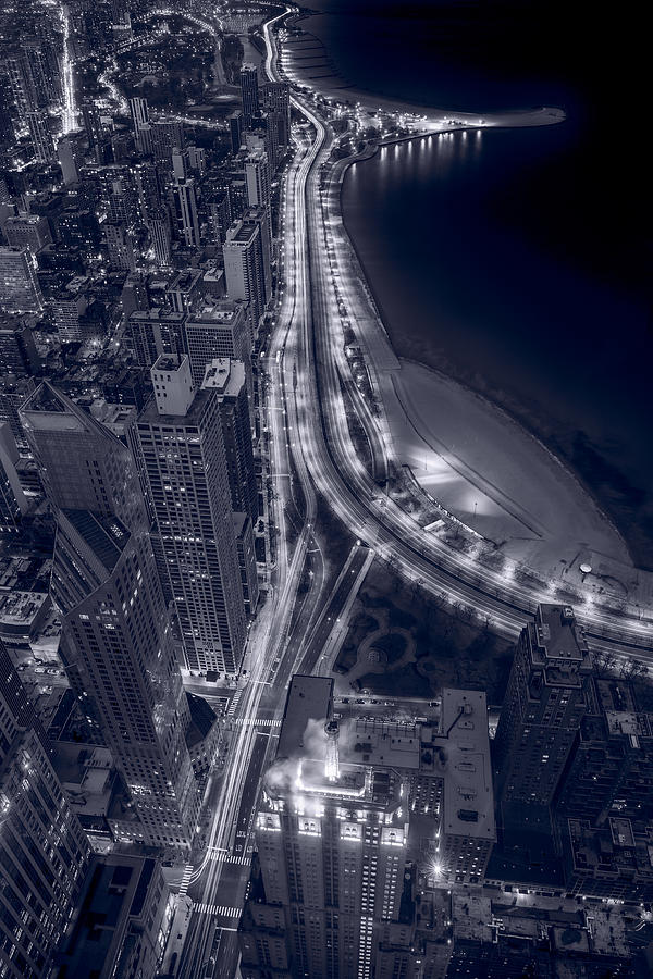 Chicago Photograph - Lakeshore Drive Aloft BW Cool Toned by Steve Gadomski