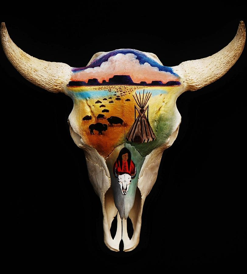 Bison Painting - Lakota Bison Skull by Joy Bradley