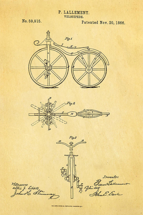 Vintage Photograph - Lallement Cycle Patent Art1866 by Ian Monk