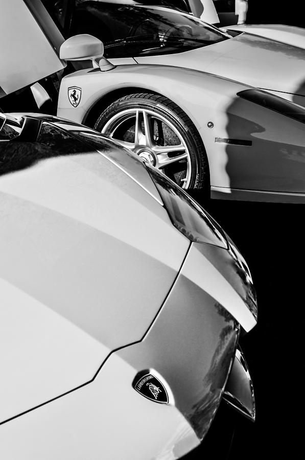 Black And White Photograph - Lamborghini - Ferrari Front Ends -0160bw by Jill Reger