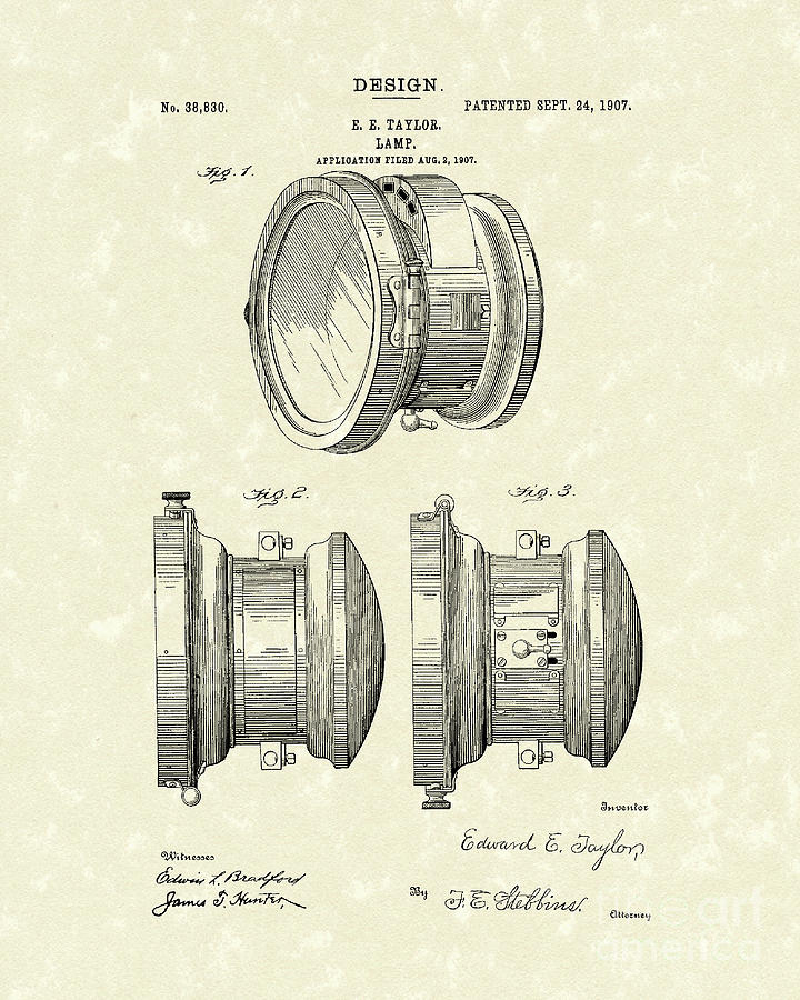 Lamp 1907 Patent Art Drawing by Prior Art Design