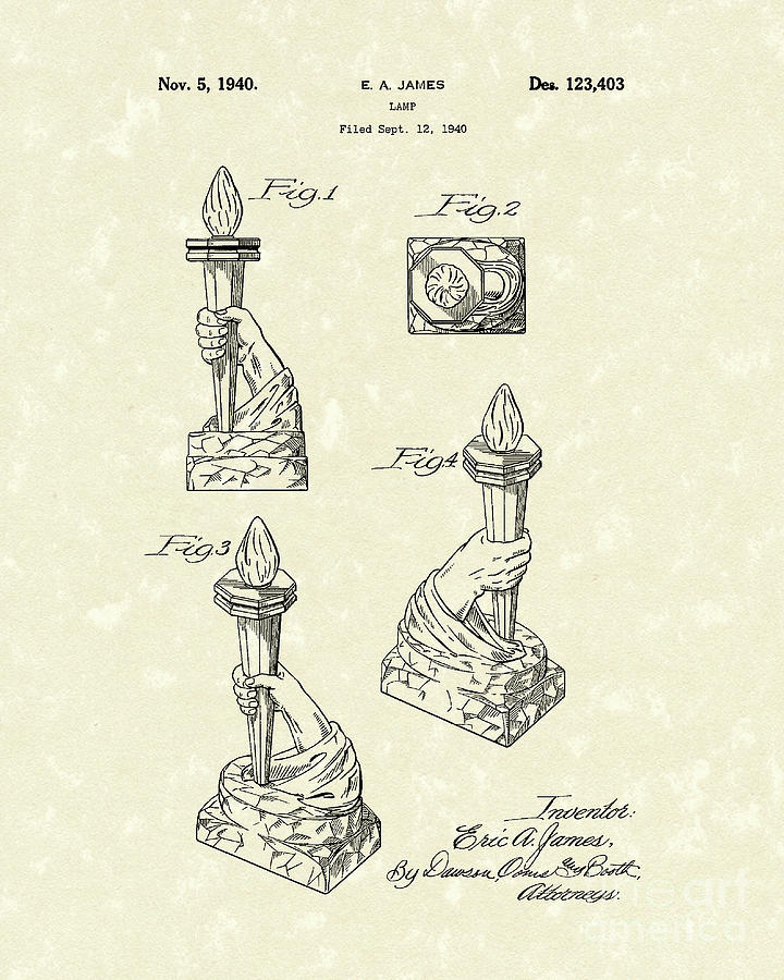 Lamp 1940 Patent Art Drawing by Prior Art Design
