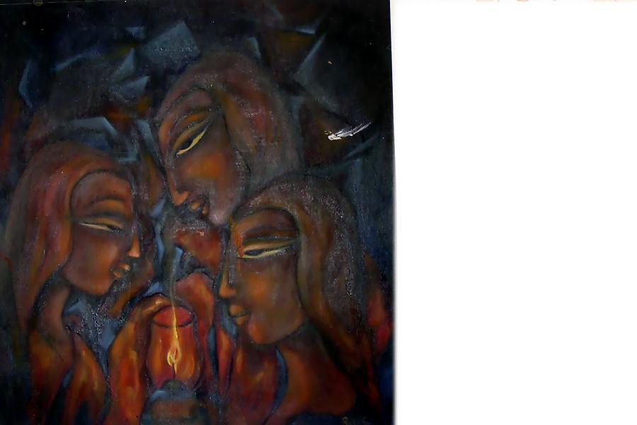 Lamp And Ladies Painting by Raji Chacko