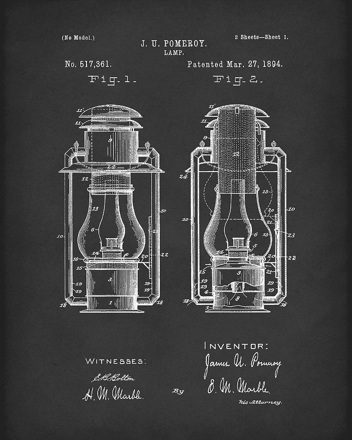 Lamp Drawing - Lamp Pomeroy 1894 Patent Art Black by Prior Art Design