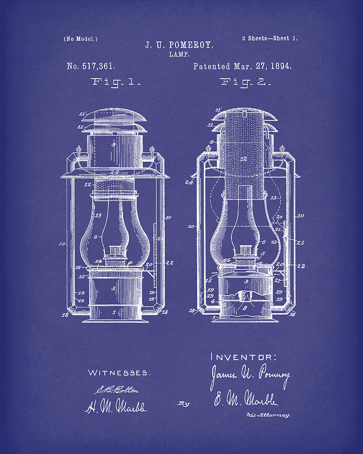Lamp Pomeroy 1894 Patent Art Blue Drawing by Prior Art Design