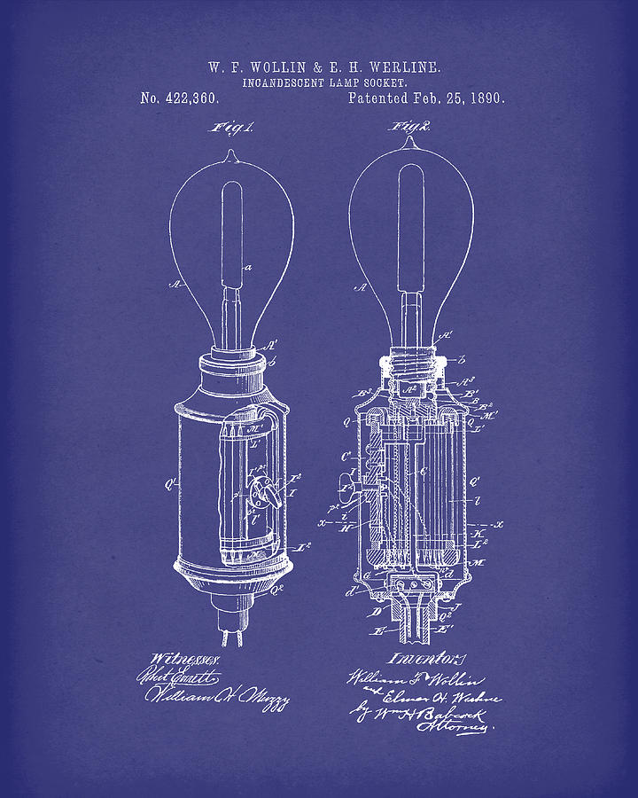 Lamp Socket 1890 Patent Art Blue Drawing by Prior Art Design