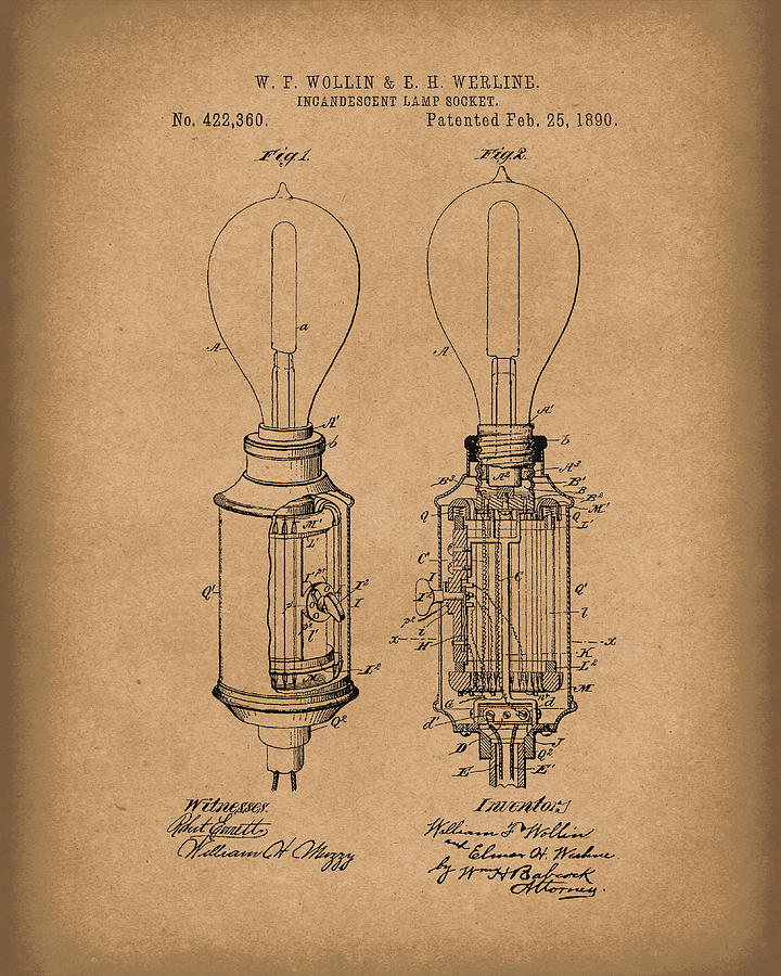 Lamp Socket 1890 Patent Art Brown Drawing by Prior Art Design