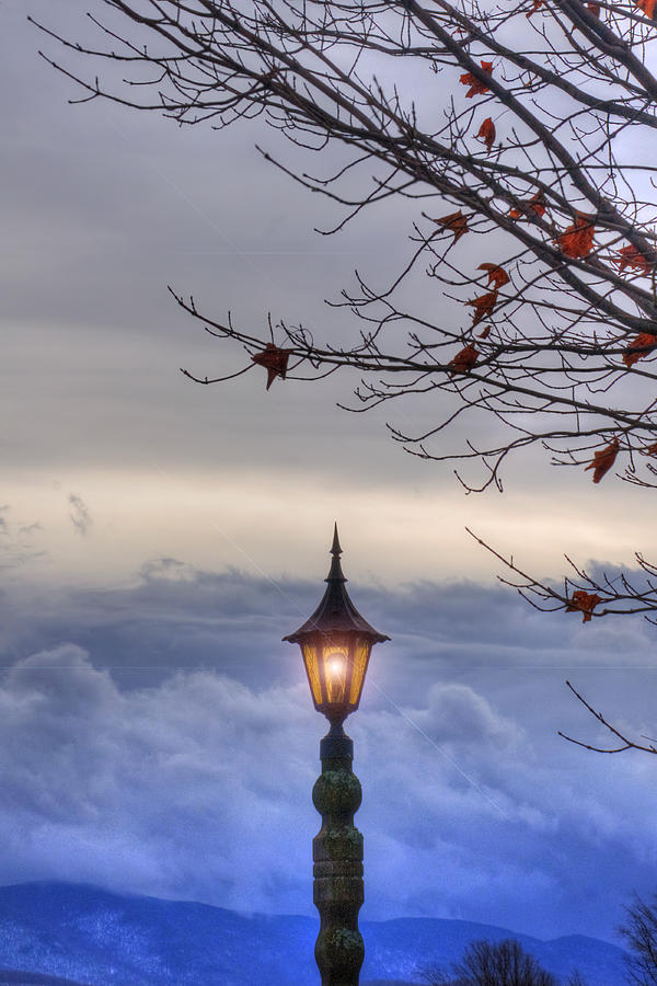 Vermont Photograph - Lampost in the Clouds - Stowe Vermont by Joann Vitali