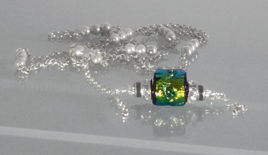 Robin Jewelry - Lampwork Dichroic Barrel Bead Sterling Silver Chain Swarovski Crystal Necklace by Robin Copper