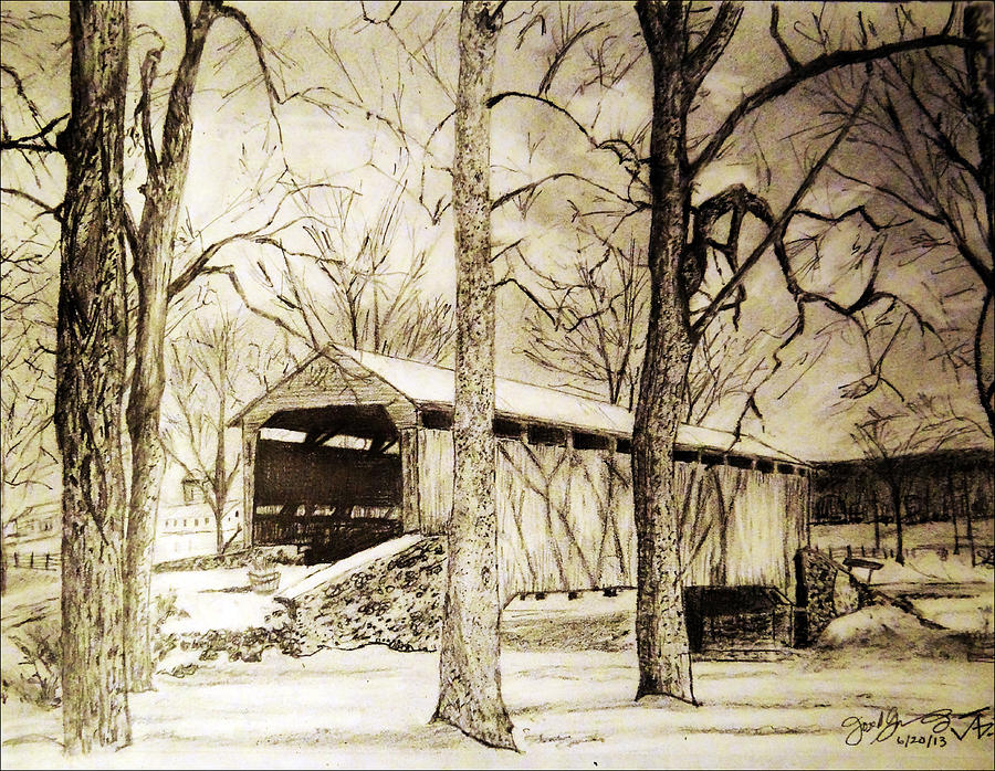 Jr. Drawing - Lancaster Covered Bridge in Winter by Jose A Gonzalez Jr