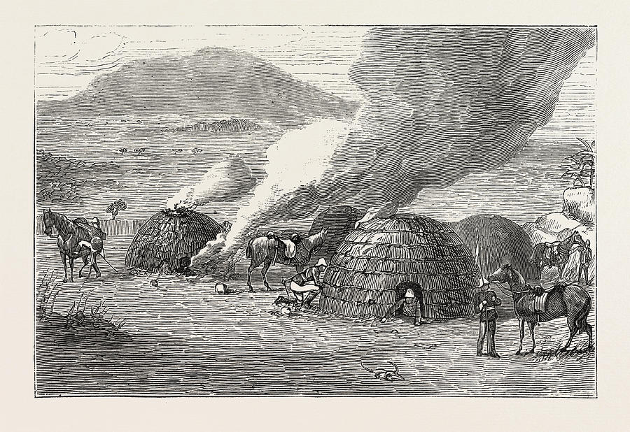 Vintage Drawing - Lancers Burning Zulu Kraals, Upoko River by English School