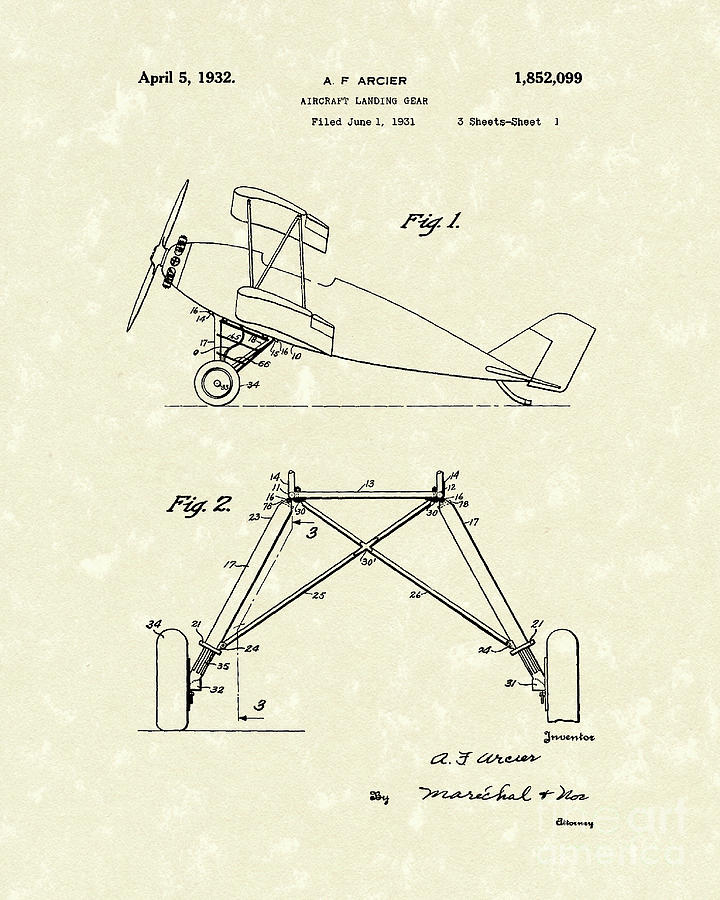 Landing Gear 1932 Patent Art Drawing by Prior Art Design