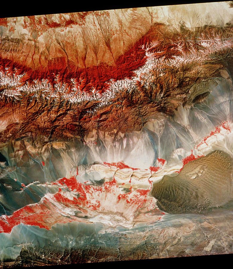 Landsat Pic Of Turfan Depression In Weste Photograph by Mda Information Systems/science Photo Library
