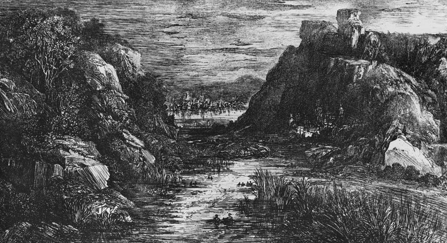 Landscape behind the defile Drawing by Rodolphe Bresdin