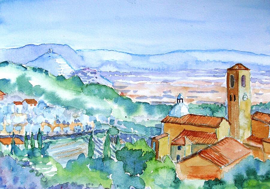 Tuscany Valley view of Medieval village of Massa Painting by Trudi Doyle