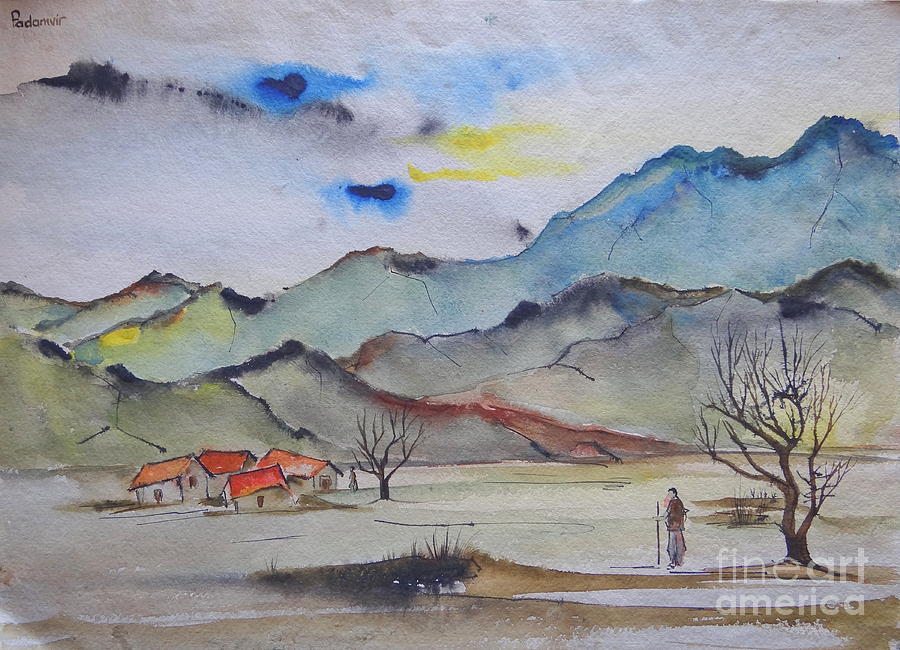 Landscape in watercolours 5 Painting by Padamvir Singh