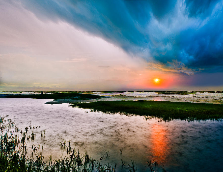 Landscape-Storm at Sea Sunset-Rain Ripples-Blue Clouds Photograph by Eszra