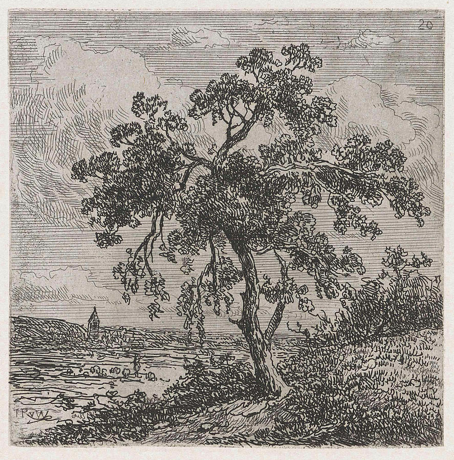 Tree Drawing - Landscape With A Big Tree, Johannes Pieter Van Wisselingh by Johannes Pieter Van Wisselingh