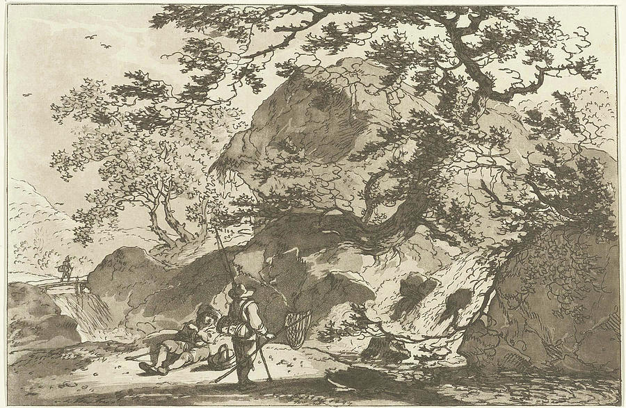 Landscape With A Fisherman And A Man Resting Drawing by Hendrik