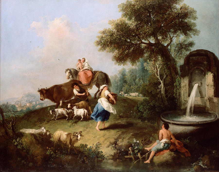 Landscape with a Fountain Figures and Animals Painting by Francesco Zuccarelli