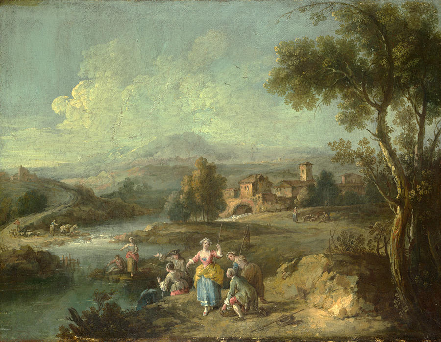Landscape with a Group of Figures Fishing Painting by Giuseppe Zais