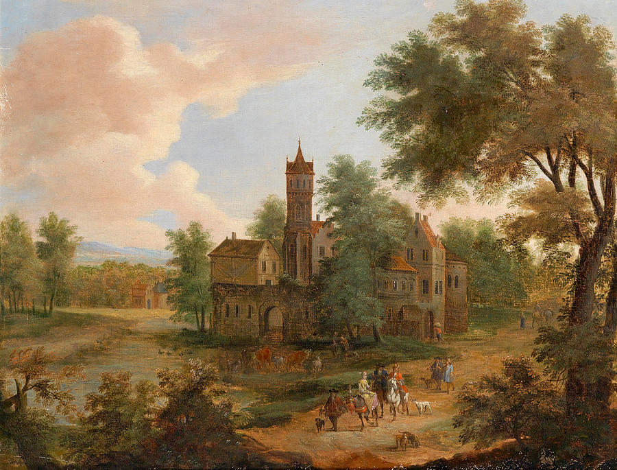 Pieter Bout Painting - Landscape with a hunting party by Pieter Bout