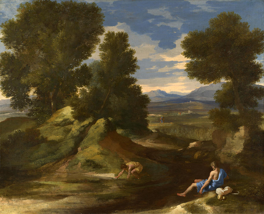 Landscape with a Man scooping Water from a Stream Painting by Nicolas Poussin