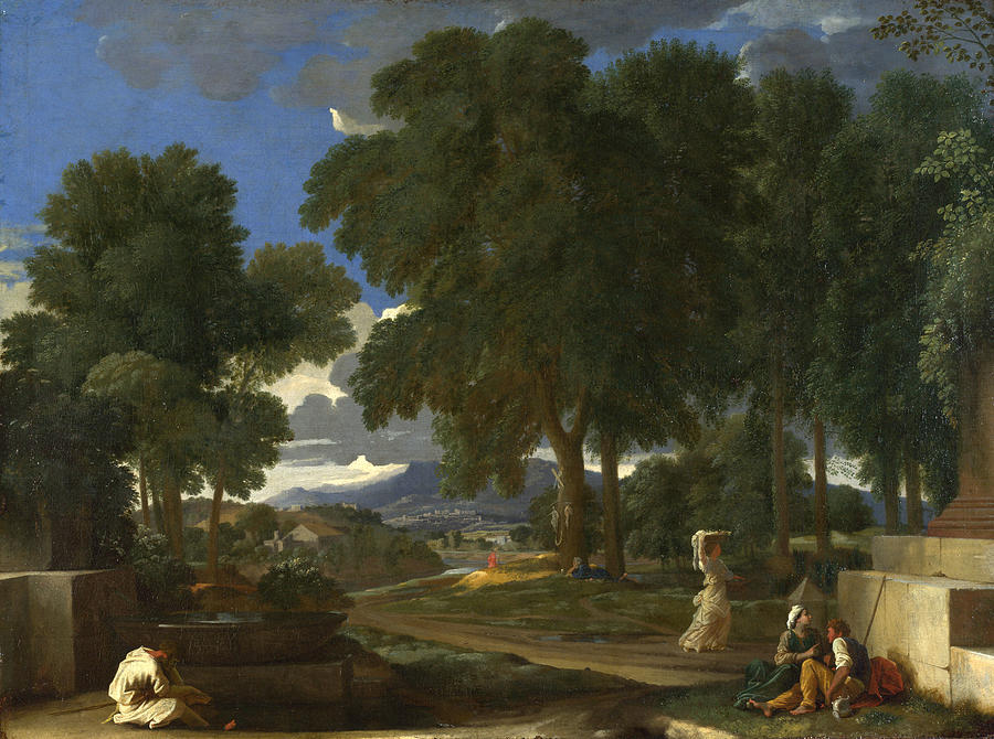 Landscape with a Man washing his Feet at a Fountain Painting by Nicolas Poussin