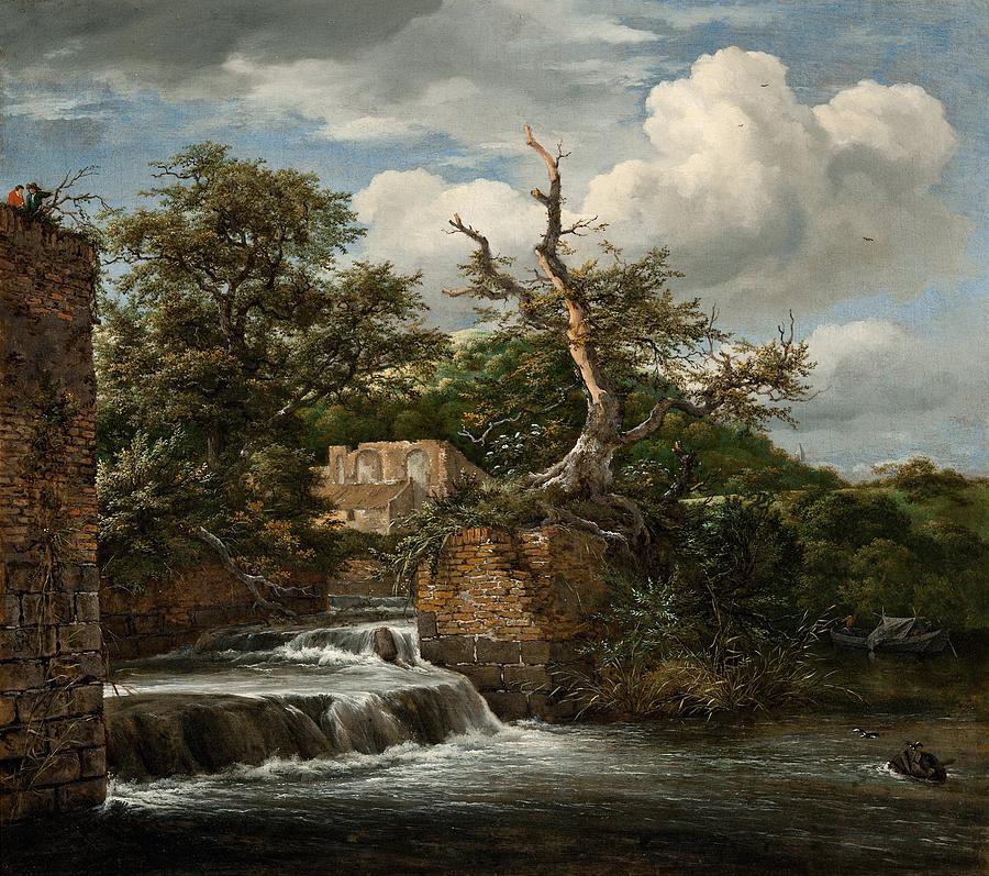 Landscape Painting - Landscape with a mill-run and ruins by Jacob van Ruisdael