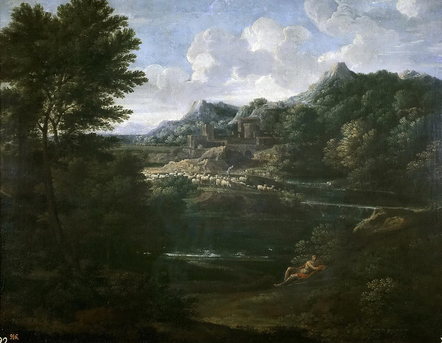 Landscape with a shepherd Painting by Gaspard Dughet