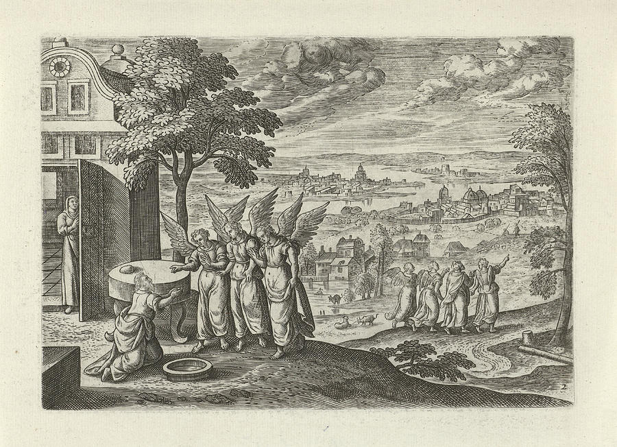 Landscape Drawing - Landscape With Abraham And The Three Angels by Julius Goltzius And Hans Bol And J. Janssonius